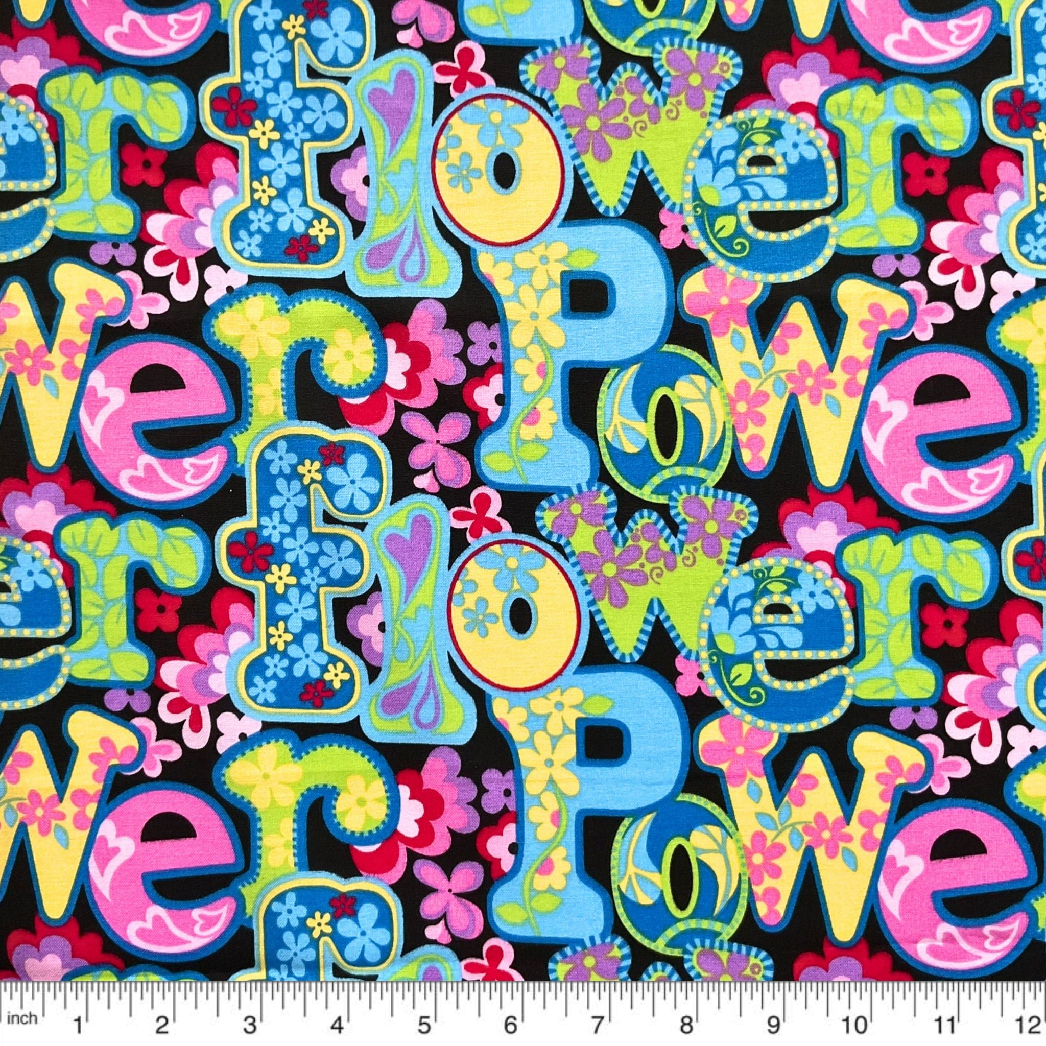 Retro flower power love peace black pink blue yellow fabric for 60s themed quilts bags patchwork sewing projects