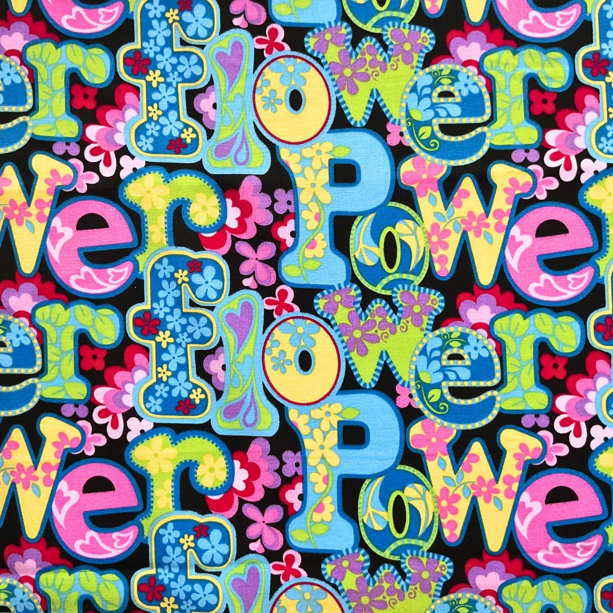 Retro flower power love peace black pink blue yellow fabric for 60s themed quilts bags patchwork sewing projects