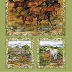 Snowy River horses panel Australian high country framed scenes green background fabric for cushion covers wall hangings and Australiana projects
