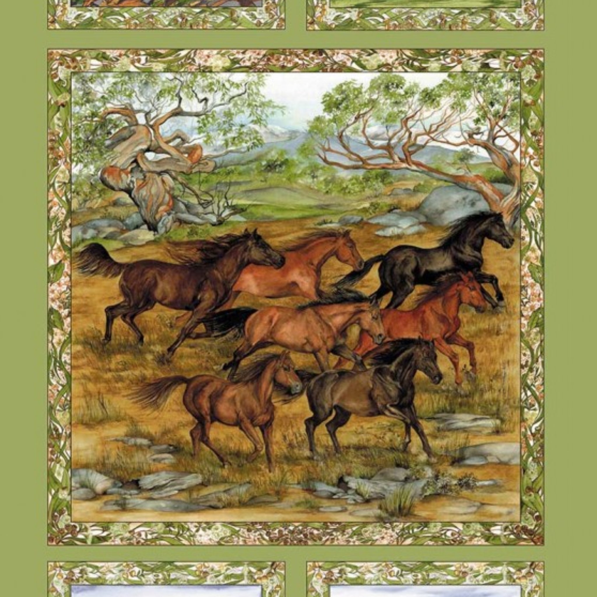 Snowy River horses panel Australian high country framed scenes green background fabric for cushion covers wall hangings quilting projects