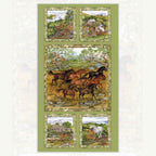 Snowy River horses panel Australian high country framed scenes green background fabric for cushion covers wall hangings and Australiana projects