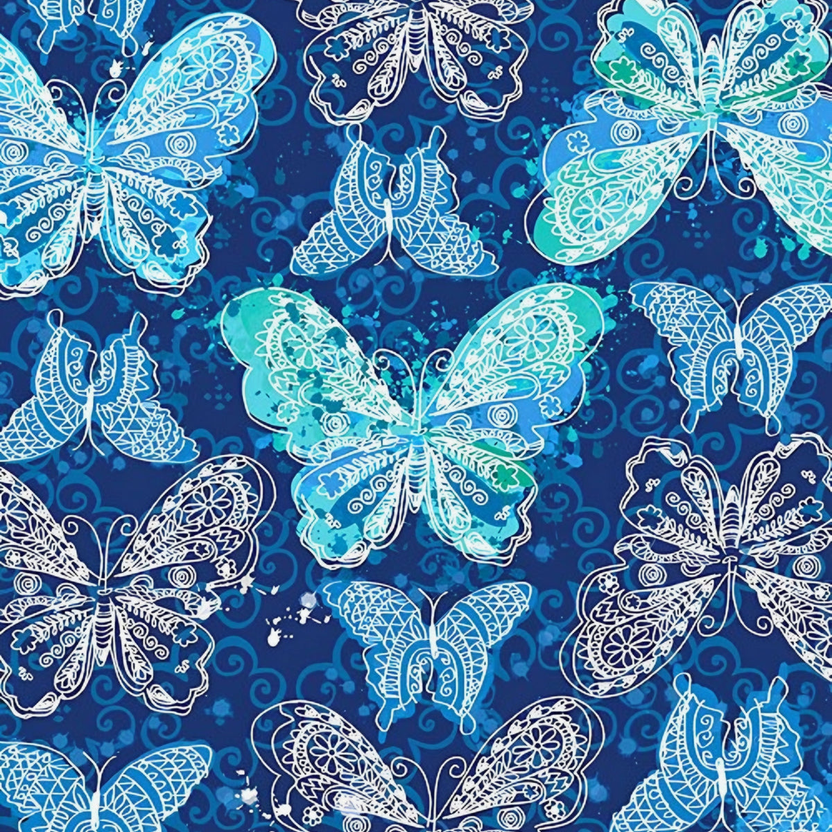 Lace butterfly print blue turquoise navy fabric for girls quilts kids novelty patchwork sewing projects