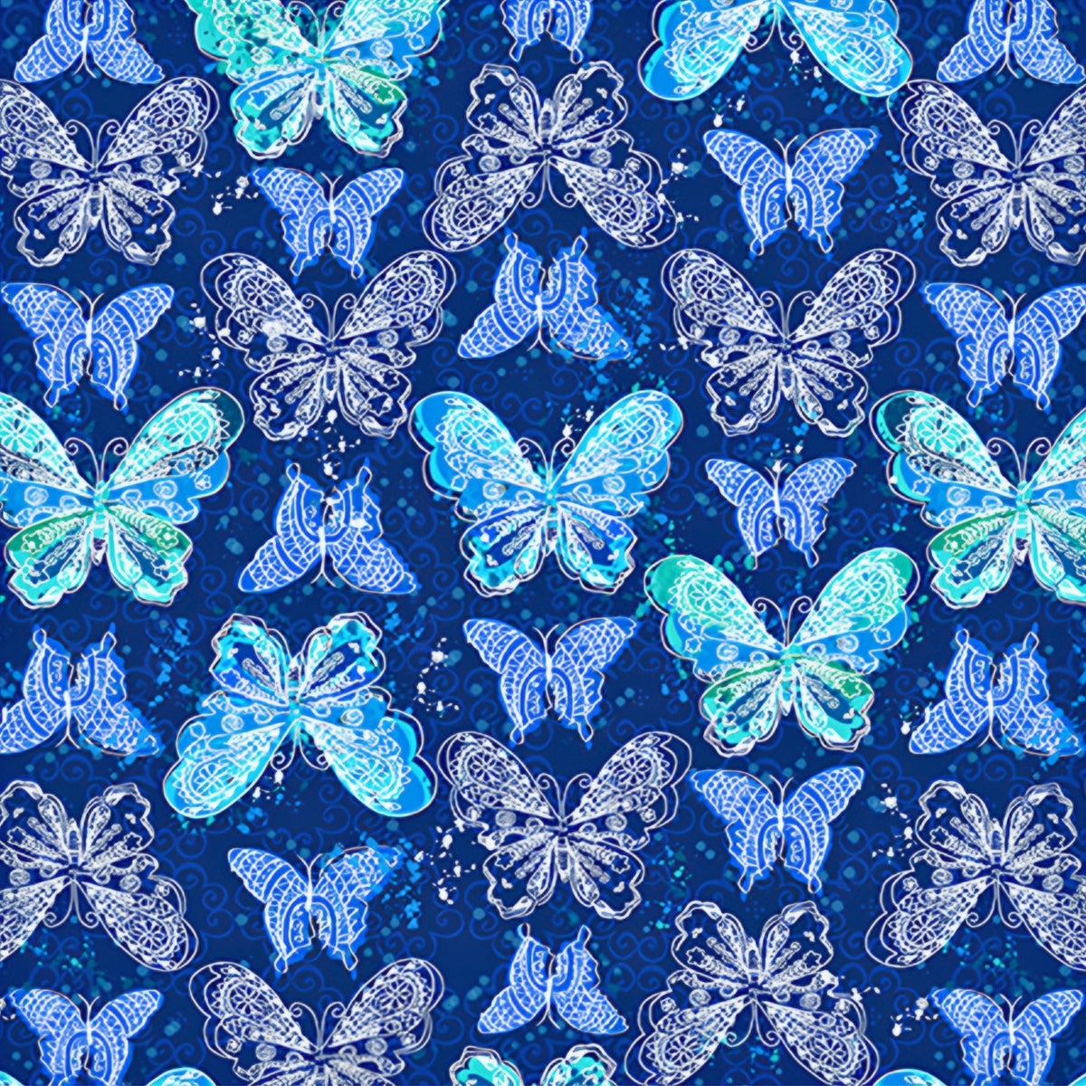 Lace butterfly print blue turquoise navy fabric for girls quilts kids novelty patchwork sewing projects