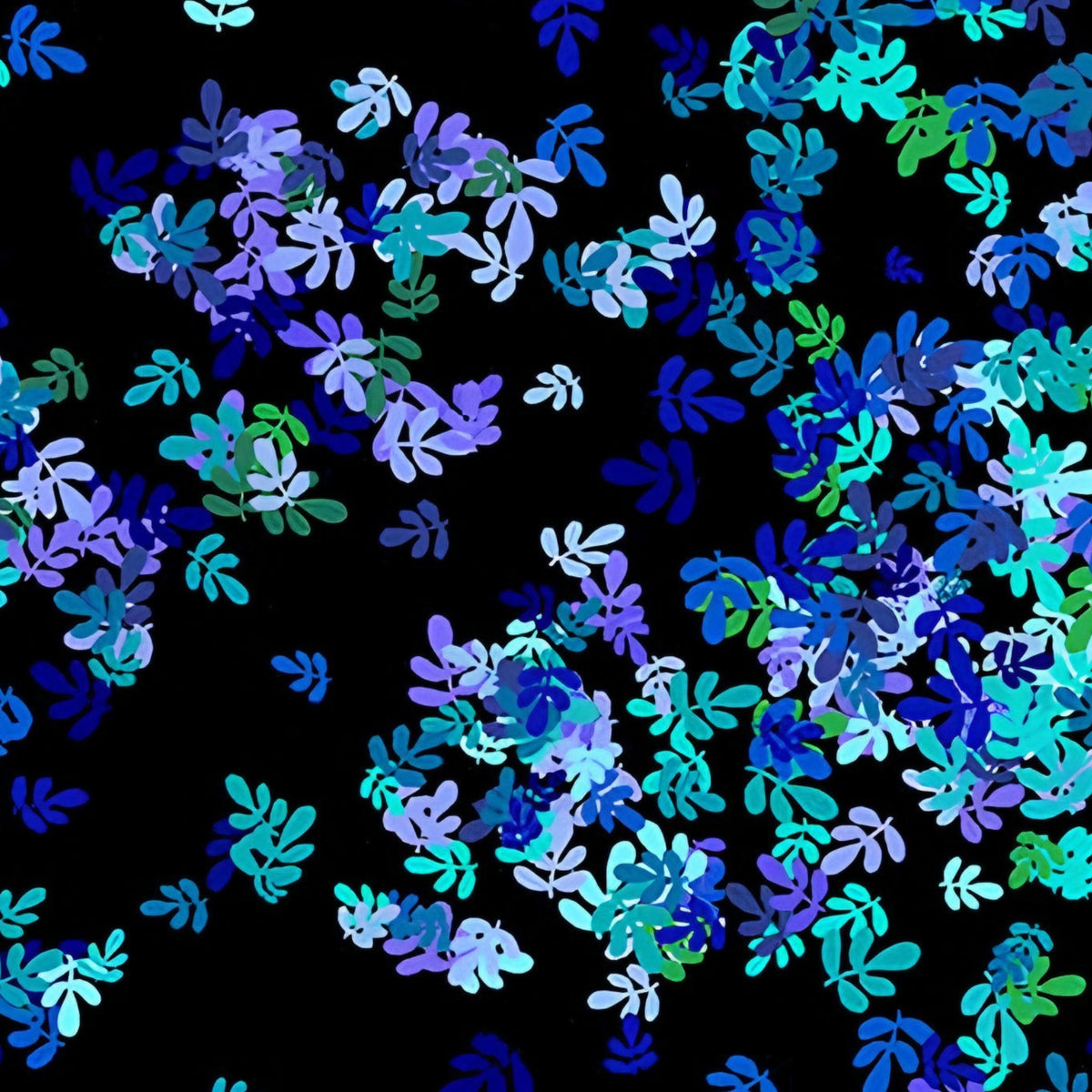 Confetti leaf sprig scatter turquoise blue green lilac black blender fabric for quilt backgrounds sashing patchwork projects