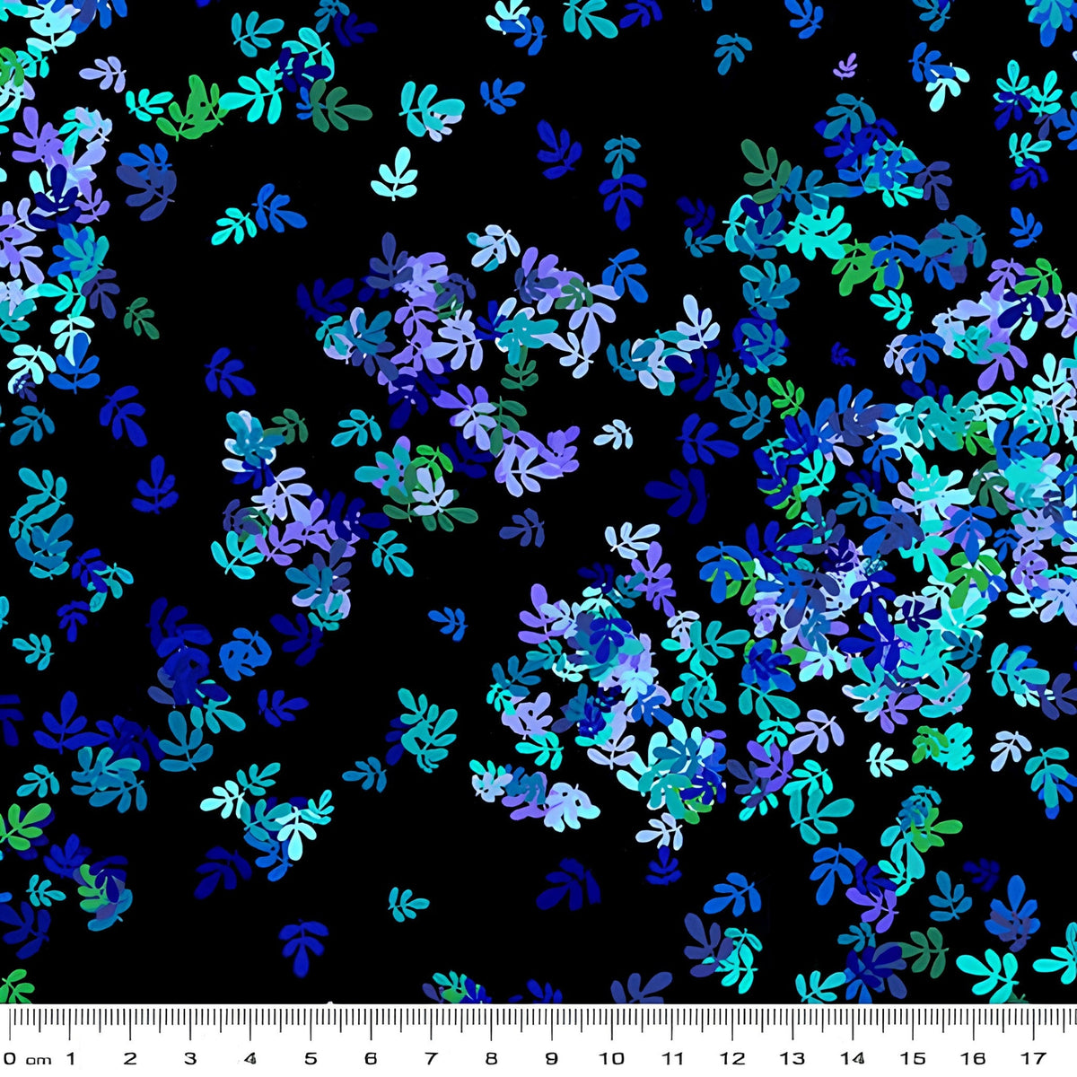 Confetti leaf sprig scatter turquoise blue green lilac black blender fabric for quilt backgrounds sashing patchwork projects