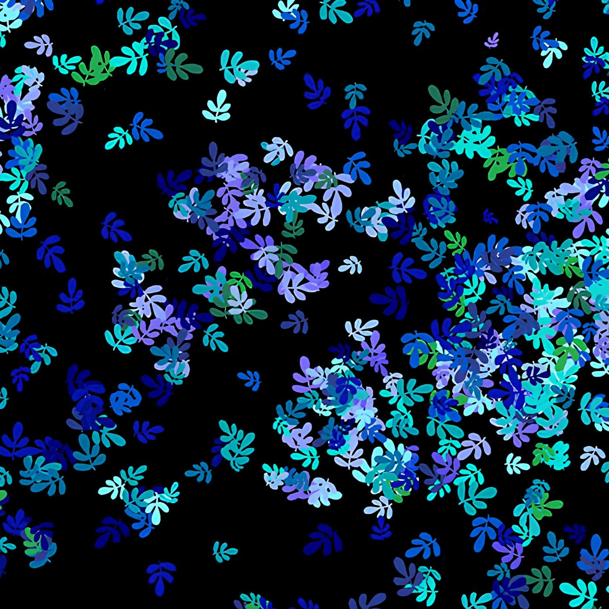 Confetti leaf sprig scatter turquoise blue green lilac black blender fabric for quilt backgrounds sashing patchwork projects