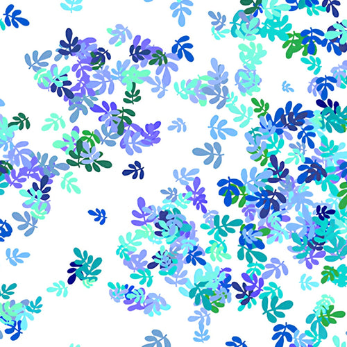 Confetti leaf sprig scatter turquoise blue green lilac white blender fabric for quilt backgrounds sashing patchwork projects