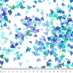 Confetti leaf sprig scatter turquoise blue green lilac white blender fabric for quilt backgrounds sashing patchwork projects