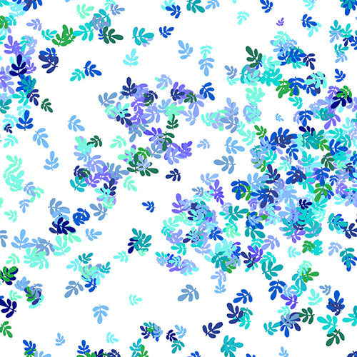 Confetti leaf sprig scatter turquoise blue green lilac white blender fabric for quilt backgrounds sashing patchwork projects