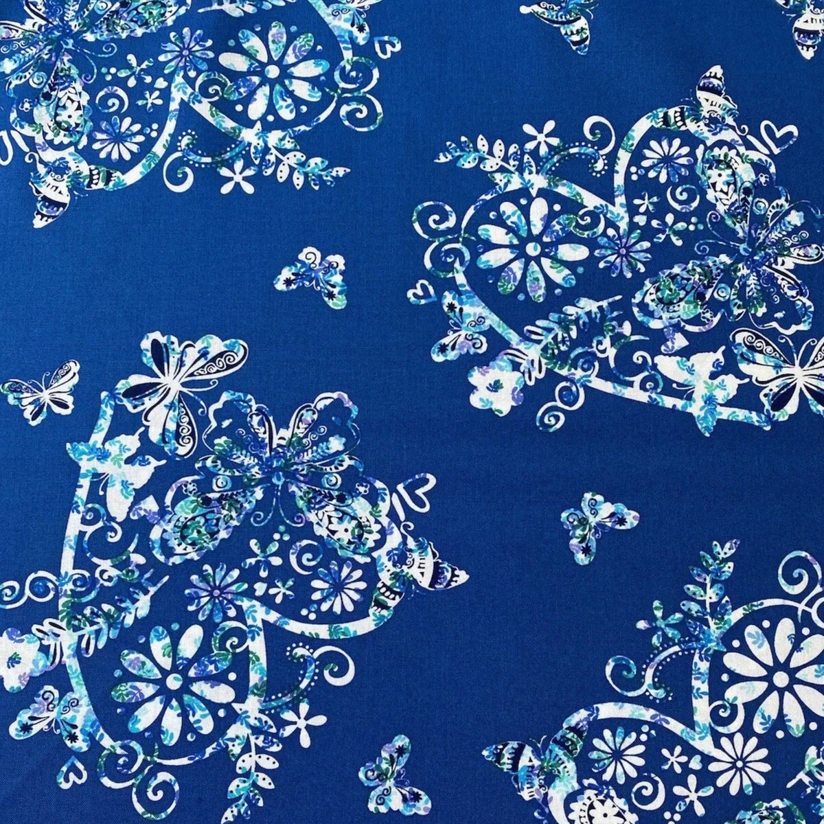 Lace butterfly floral heart medallion print blue turquoise navy fabric for girls quilts kids novelty patchwork sewing projects