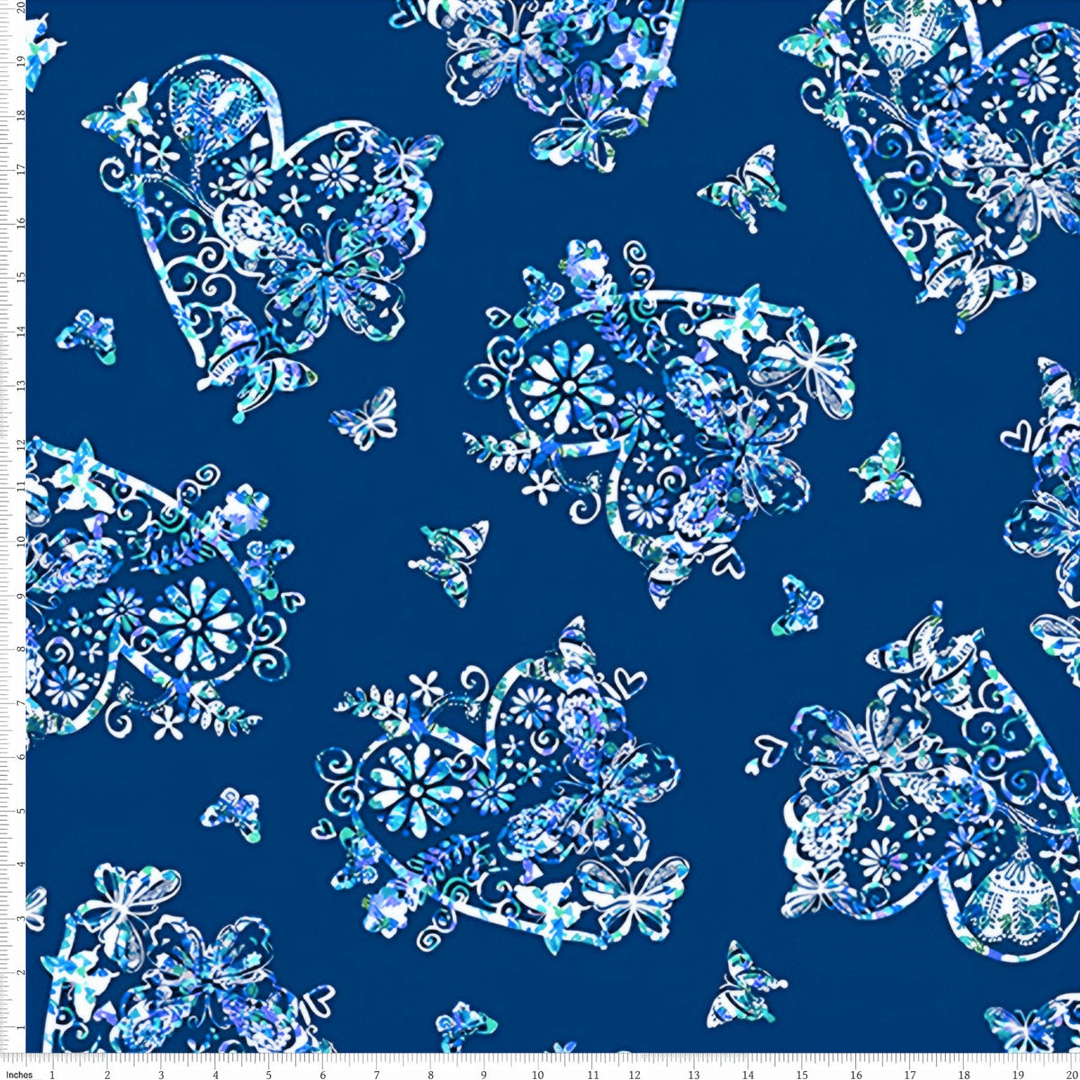 Lace butterfly floral heart medallion print blue turquoise navy fabric for girls quilts kids novelty patchwork sewing projects