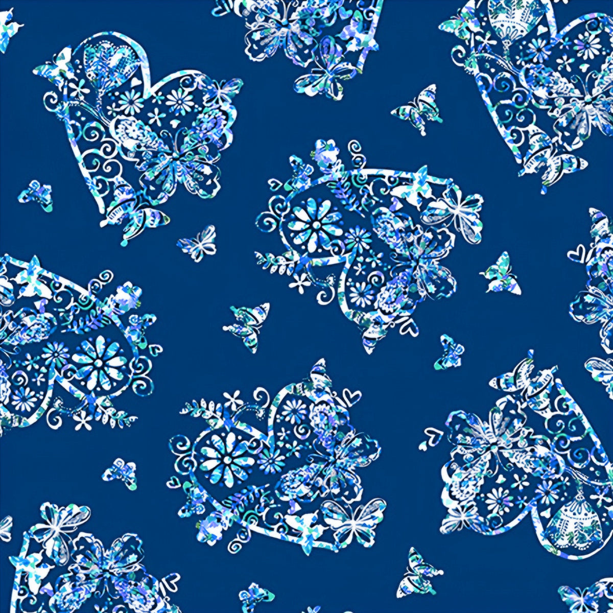 Lace butterfly floral heart medallion print blue turquoise navy fabric for girls quilts kids novelty patchwork sewing projects