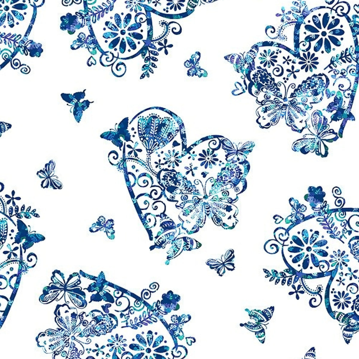 Lace butterfly floral heart medallion print blue turquoise white fabric for girls quilts kids novelty patchwork sewing projects