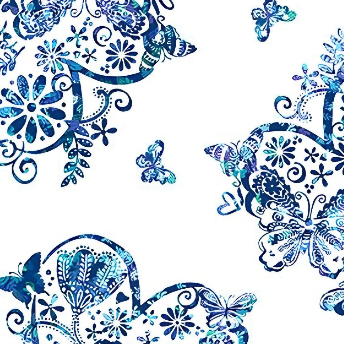 Lace butterfly floral heart medallion print blue turquoise white fabric for girls quilts kids novelty patchwork sewing projects