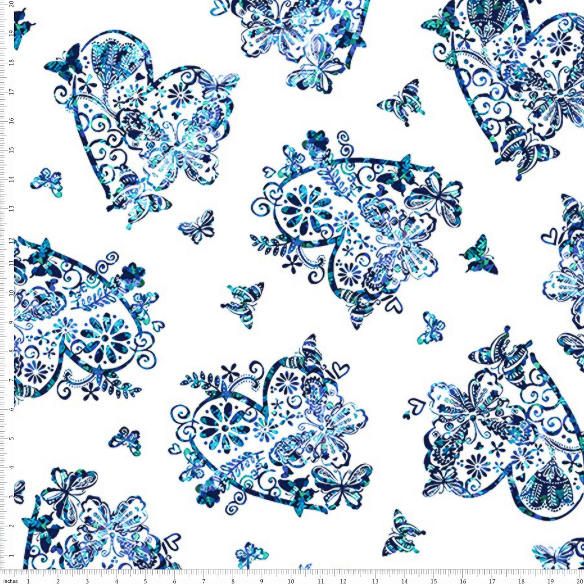 Lace butterfly floral heart medallion print blue turquoise white fabric for girls quilts kids novelty patchwork sewing projects