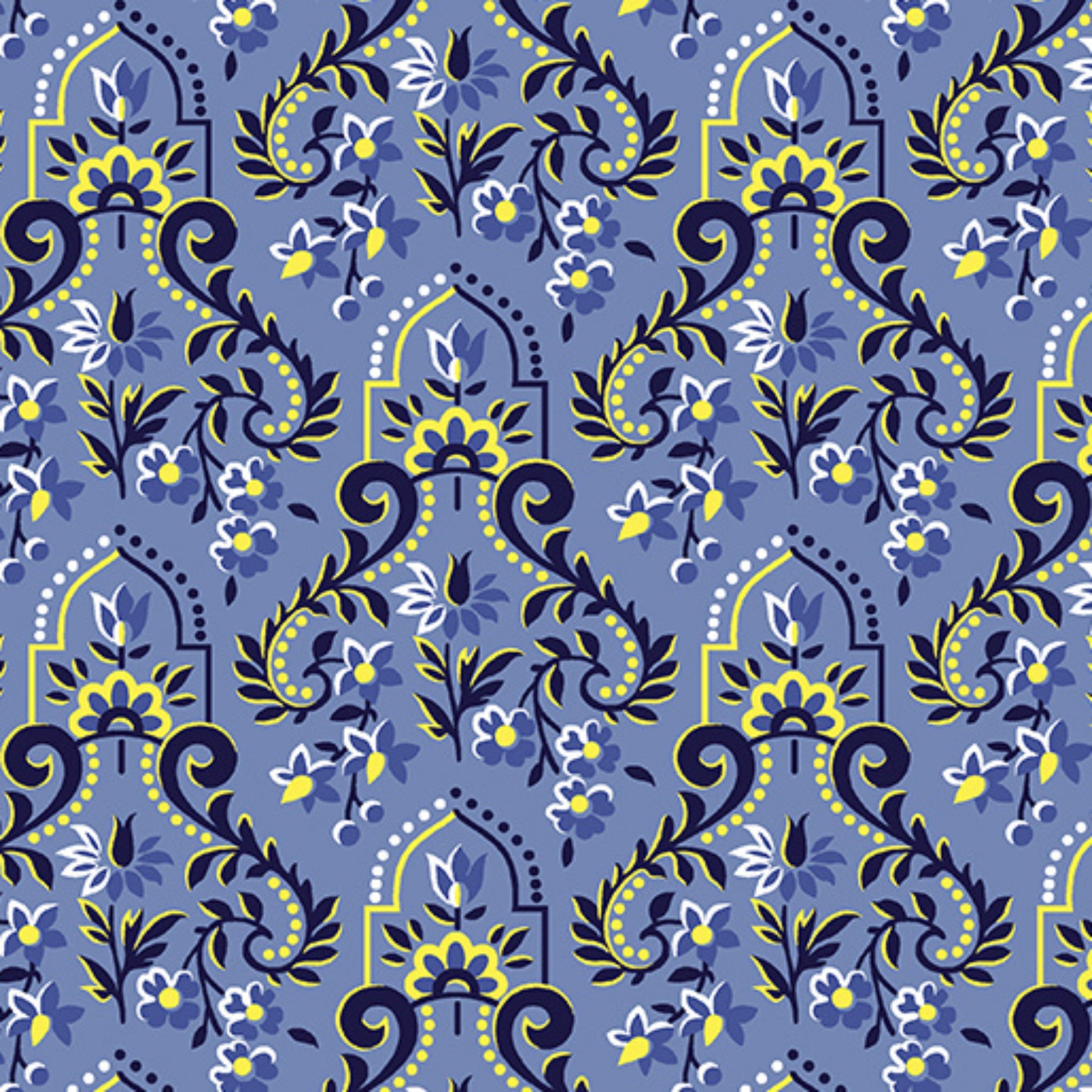 Blue baroque scrollwork damask fabric for quilting backgrounds, sashing and borders