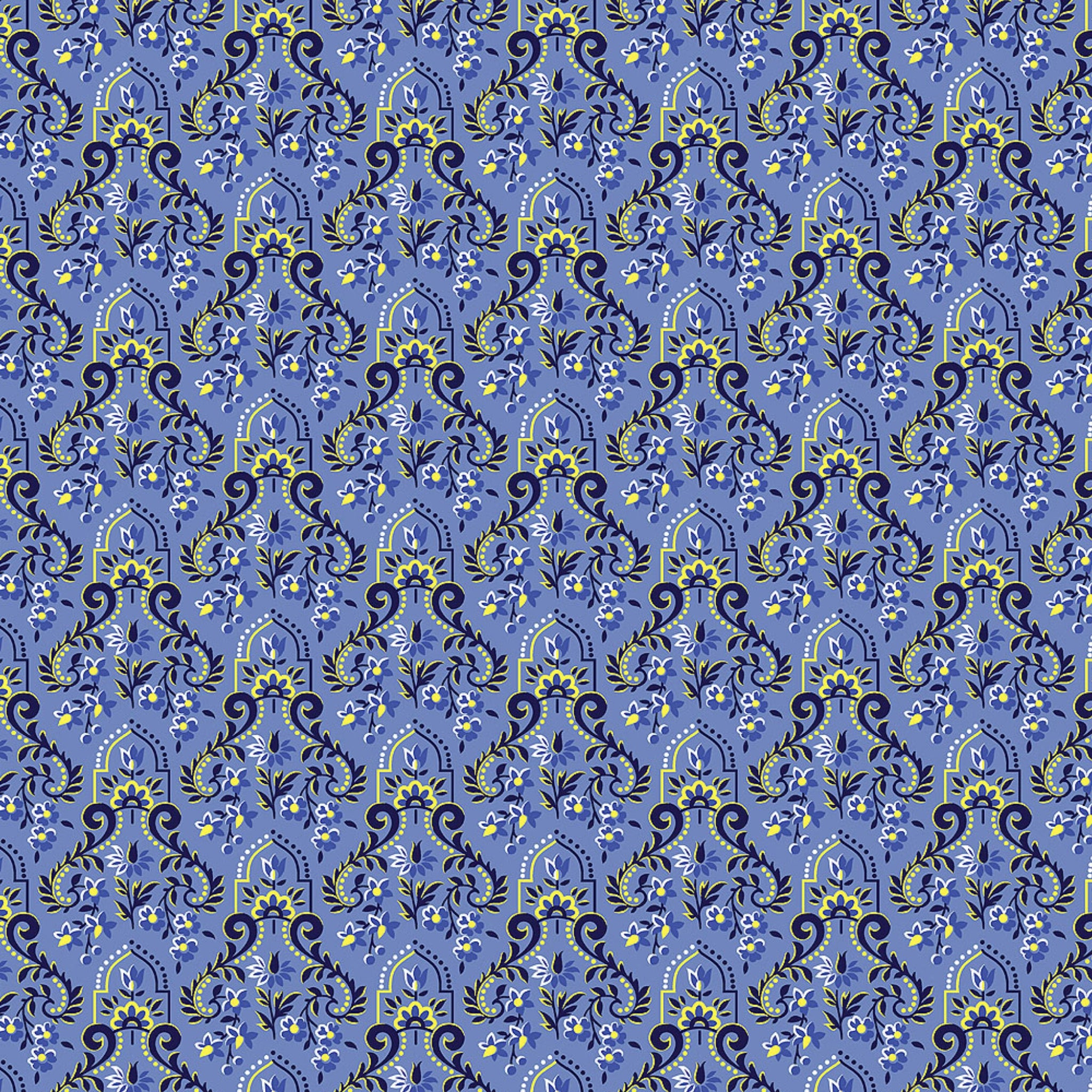 Blue baroque scrollwork damask fabric for quilting backgrounds, sashing and borders