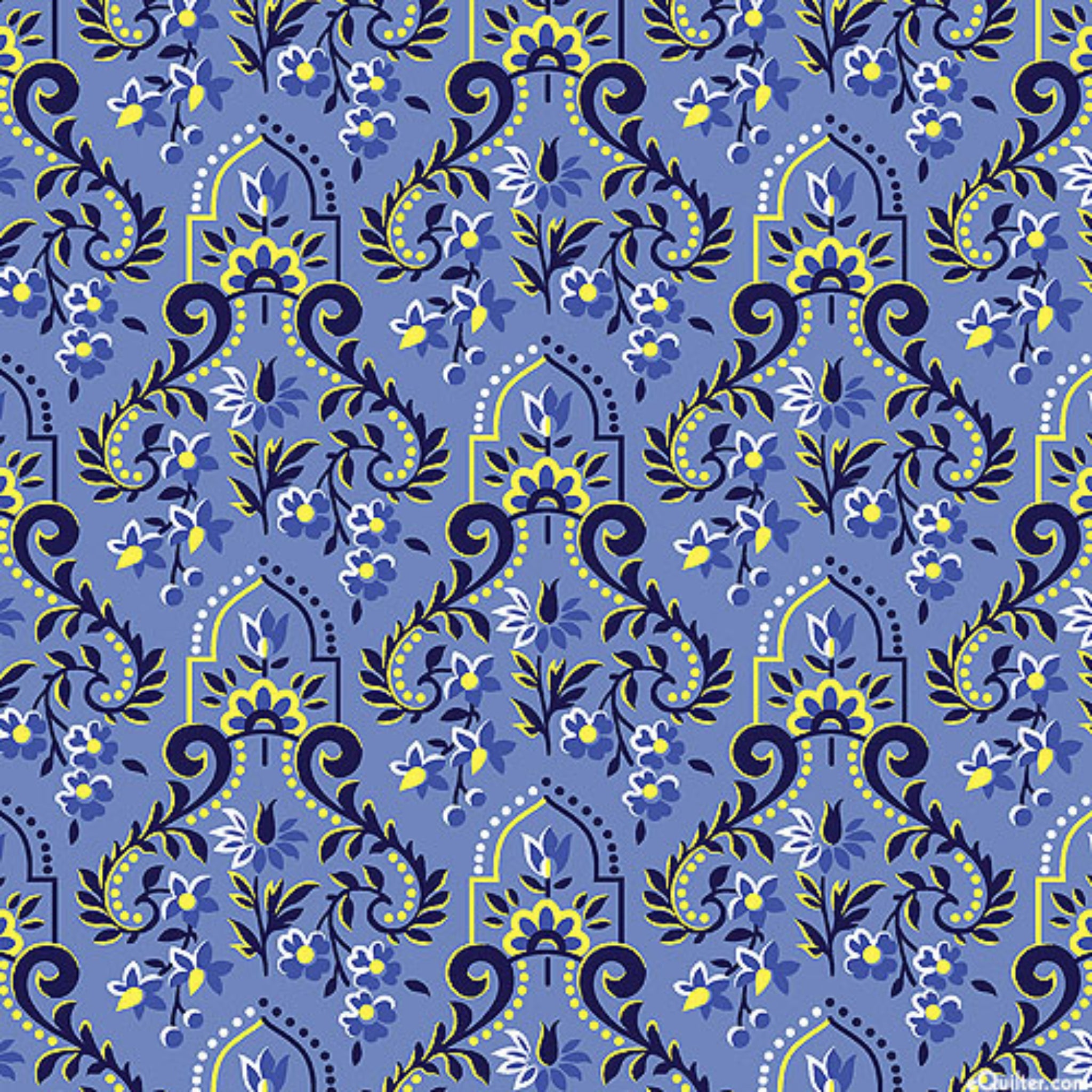 Blue baroque scrollwork damask fabric for quilting backgrounds, sashing and borders