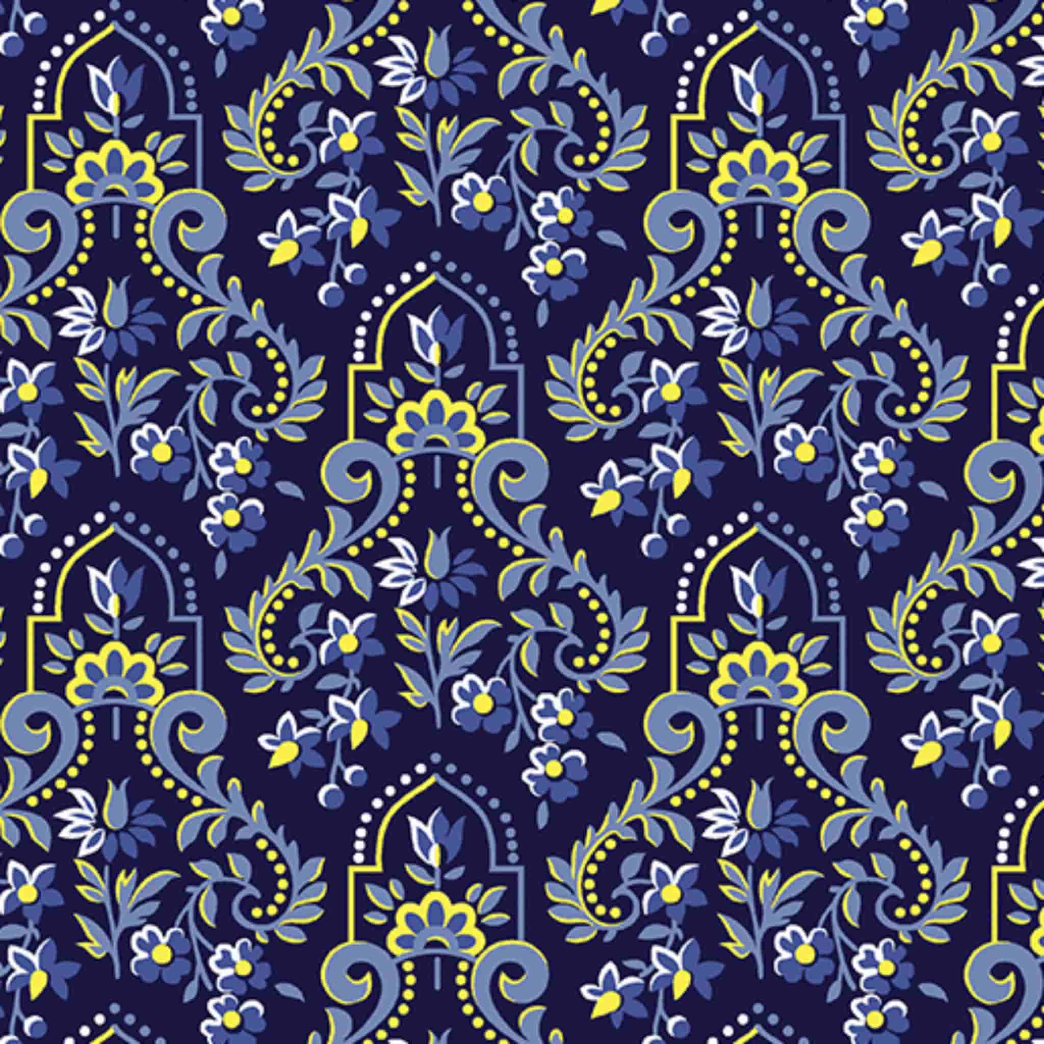 Navy baroque scrollwork damask fabric for quilting backgrounds, sashing and borders