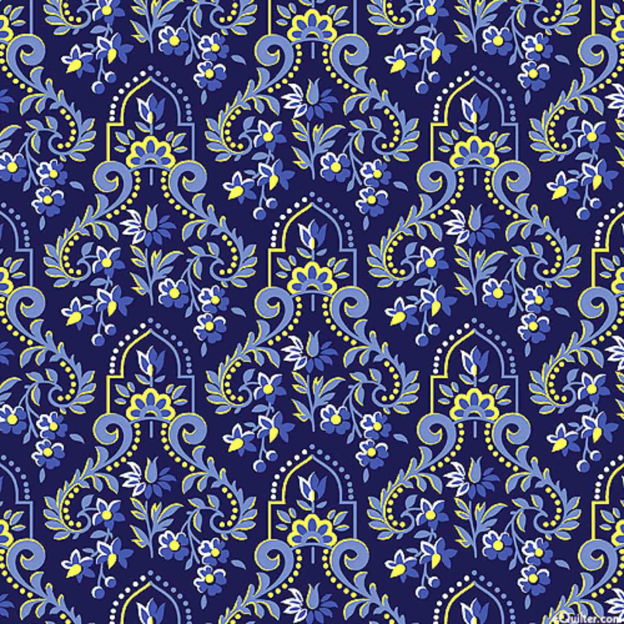Navy baroque scrollwork damask fabric for quilting backgrounds, sashing and borders