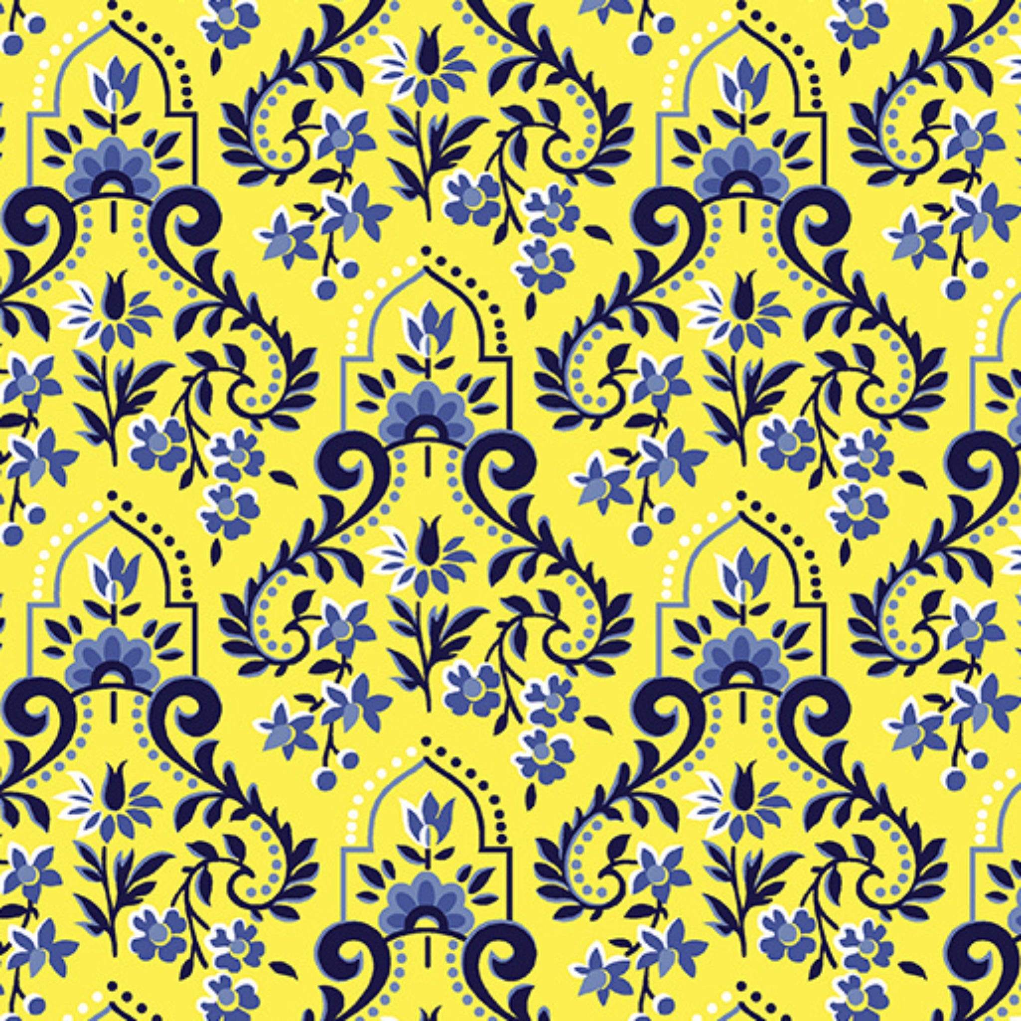 Yellow baroque scrollwork damask fabric for quilting backgrounds, sashing and borders