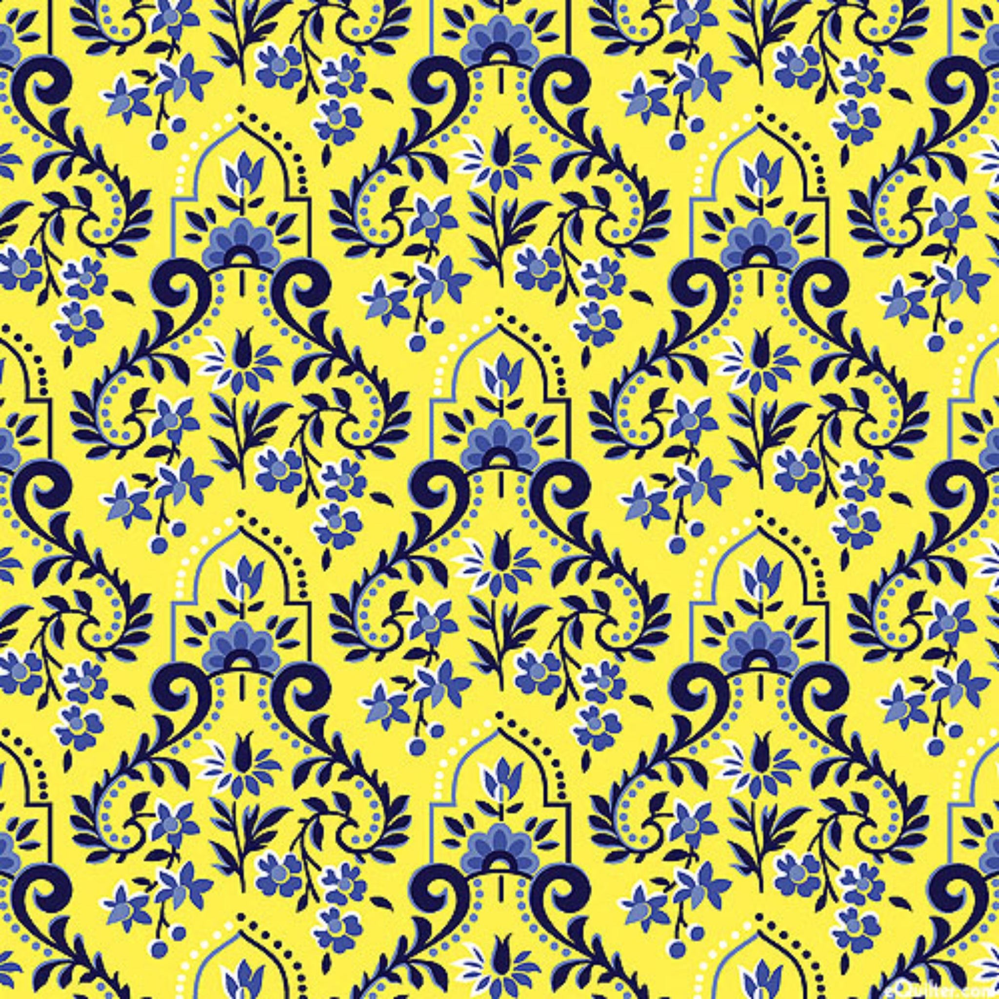 Yellow baroque scrollwork damask fabric for quilting backgrounds, sashing and borders