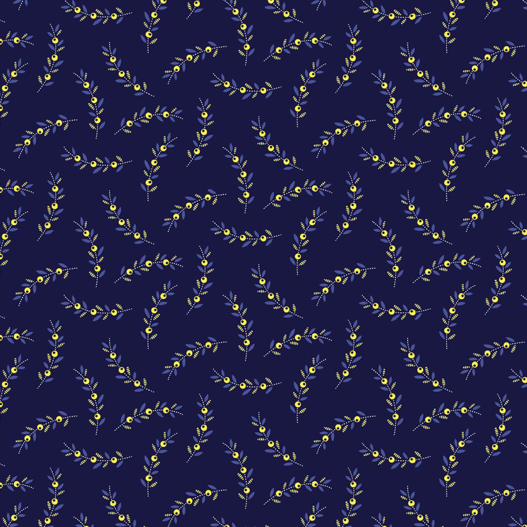 Navy berry sprig ditsy floral fabric for quilting backgrounds, sashing and borders