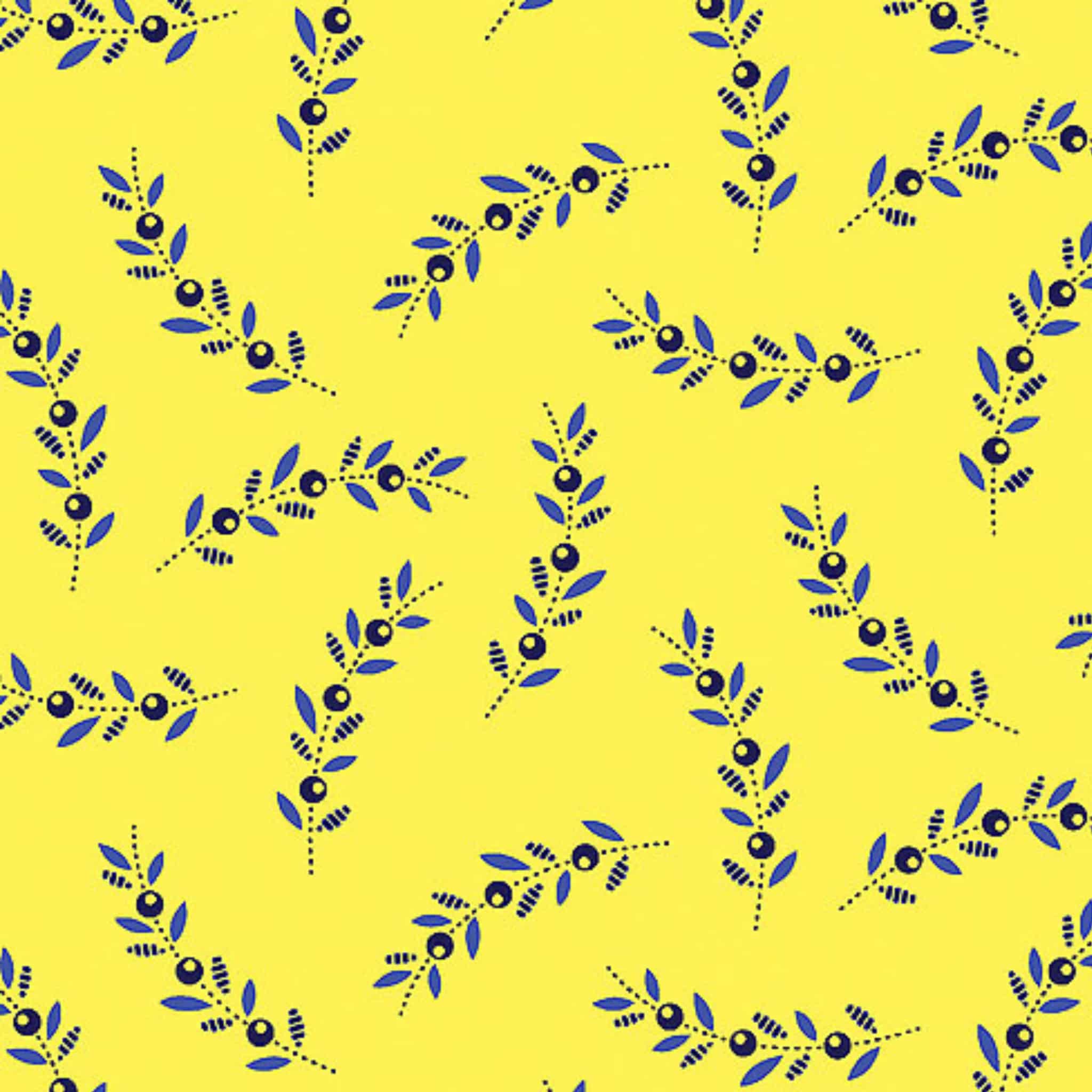 Yellow berry sprig ditsy floral fabric close-up detail for quilting projects