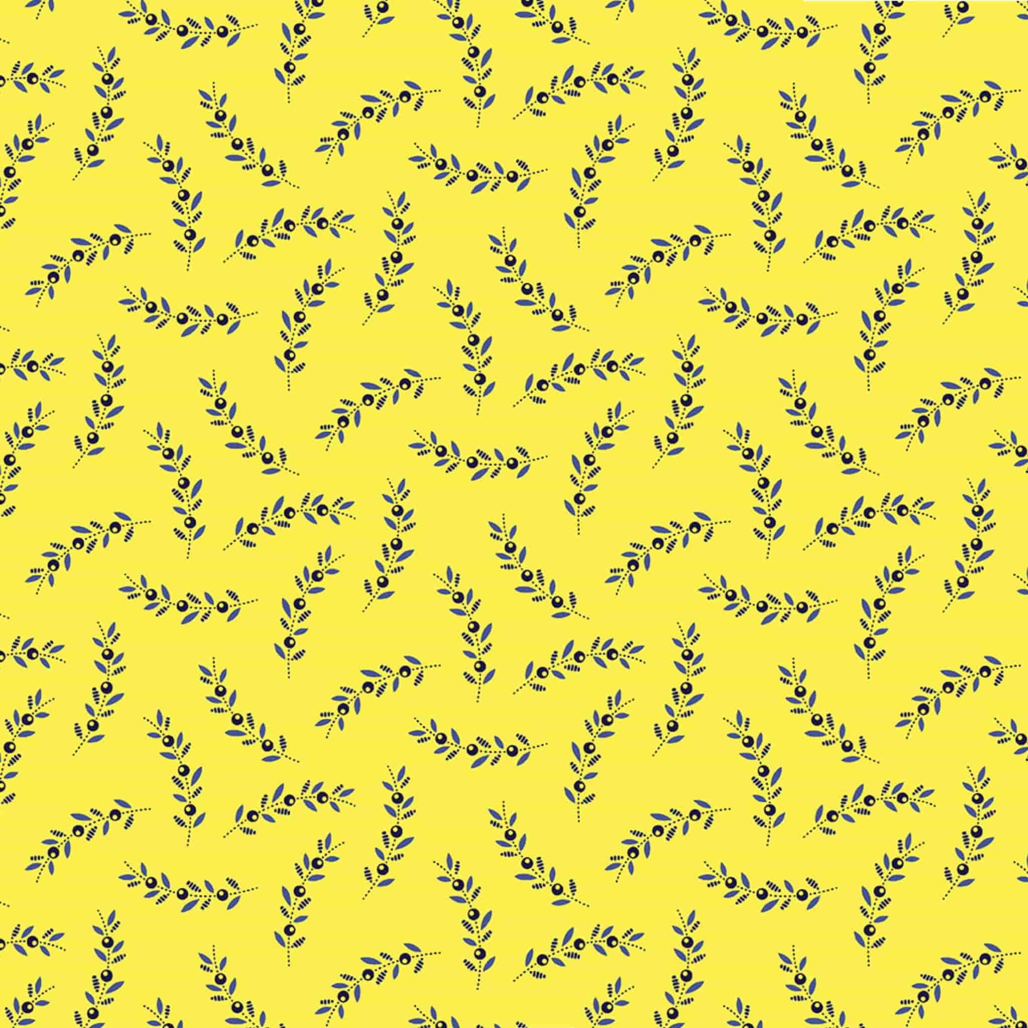 Yellow berry sprig ditsy floral fabric close-up detail for quilting projects