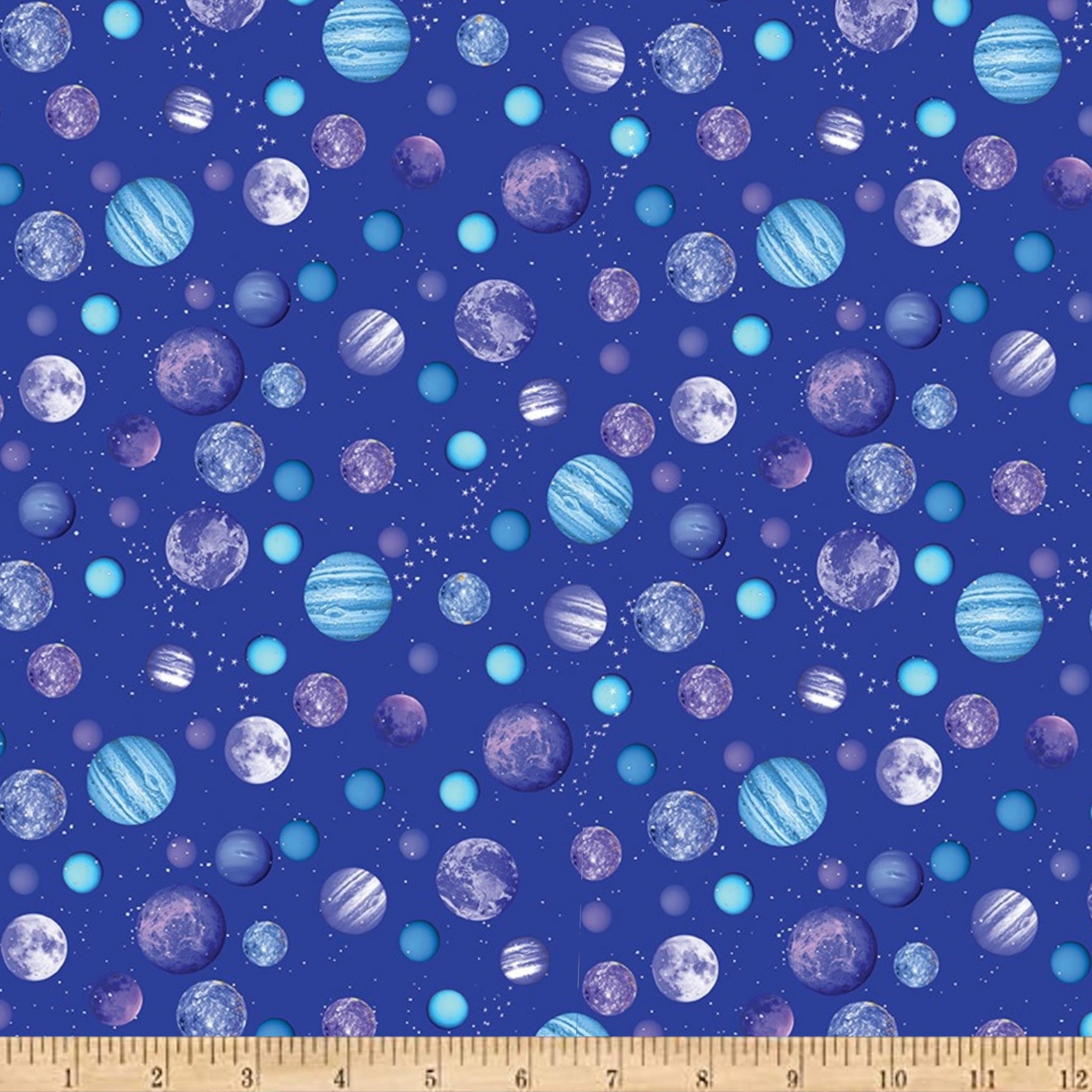 Planets moons cosmic orbs royal blue space galaxy fabric for kids space quilts boys bedroom décor astronaut stargazer sewing projects