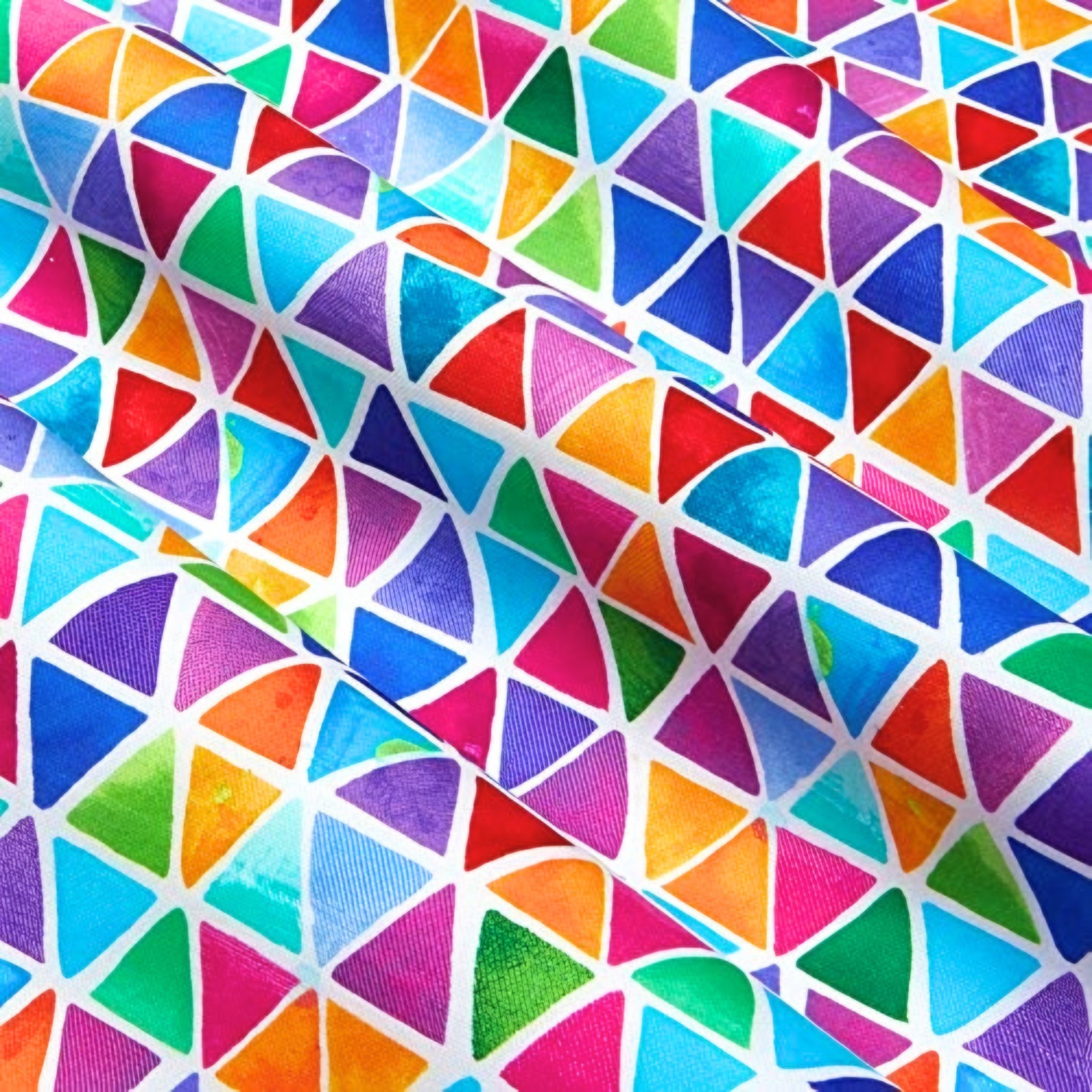 Watercolour rainbow triangle geometric blender red orange yellow green blue purple pink turquoise white background digital print fabric for children's quilts triangle blocks and bags