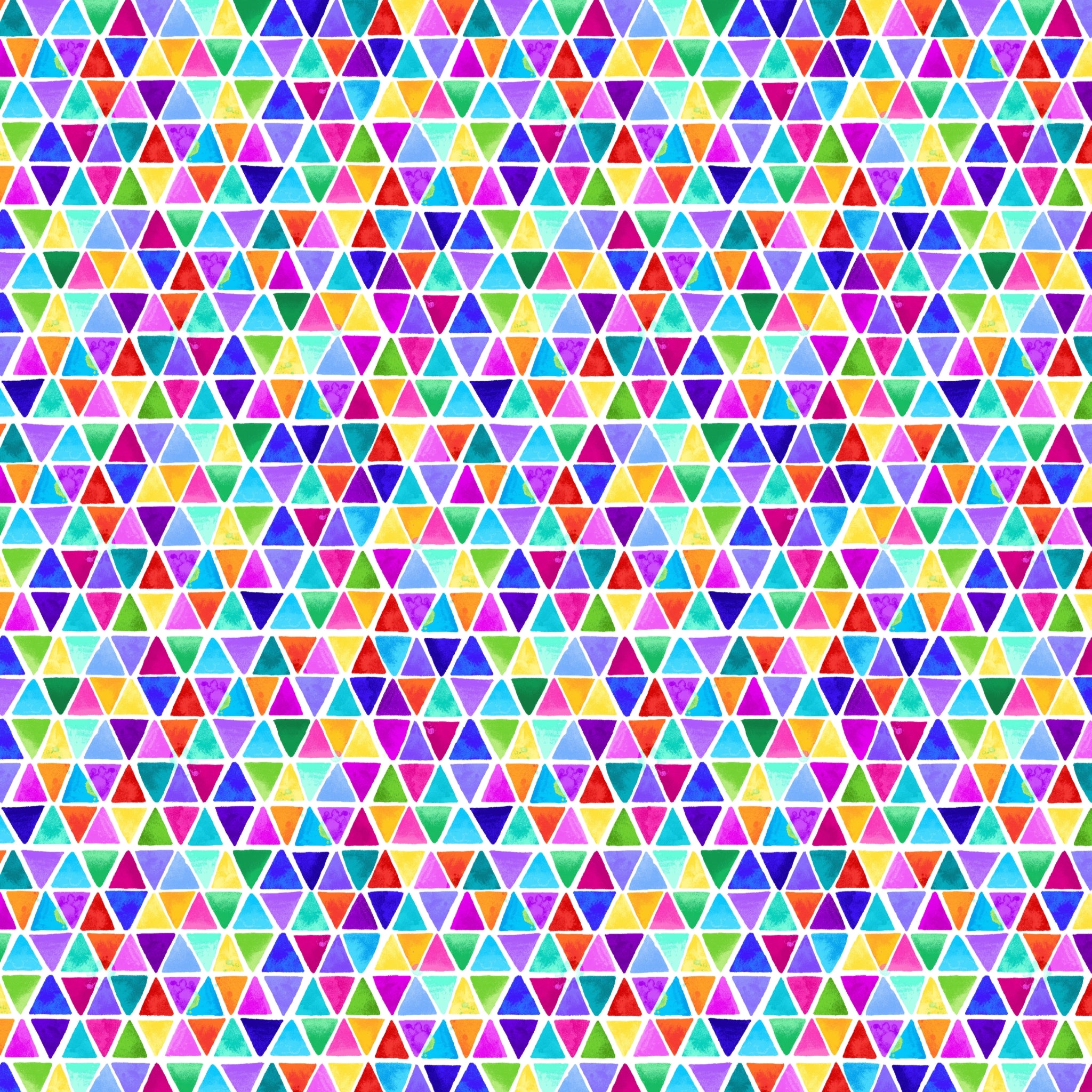 Watercolour rainbow triangle geometric blender red orange yellow green blue purple pink turquoise white background digital print fabric for children's quilts triangle blocks and bags