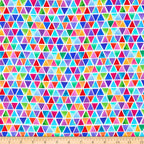 Watercolour rainbow triangle geometric blender red orange yellow green blue purple pink turquoise white background digital print fabric for children's quilts triangle blocks and bags