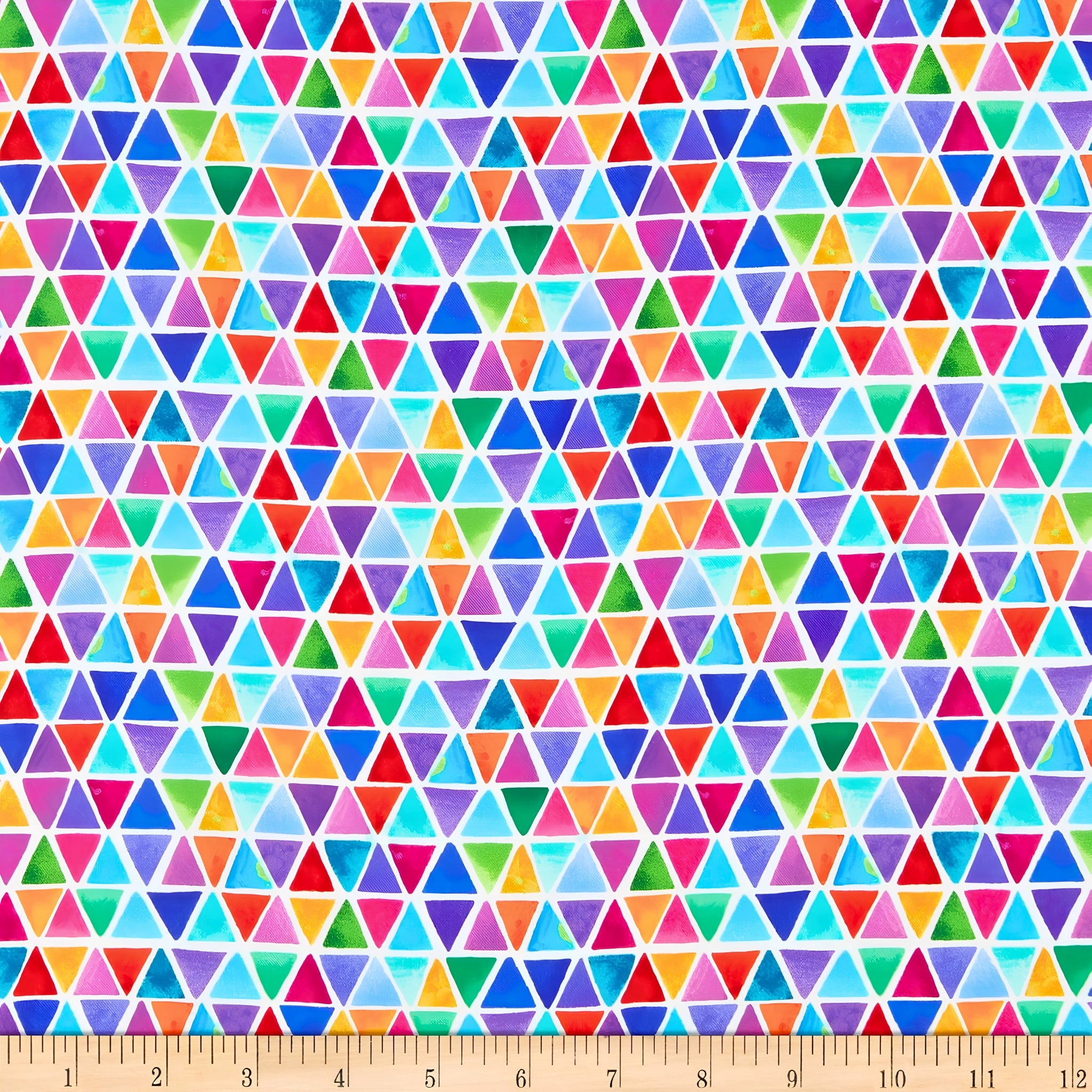 Watercolour rainbow triangle geometric blender red orange yellow green blue purple pink turquoise white background digital print fabric for children's quilts triangle blocks and bags