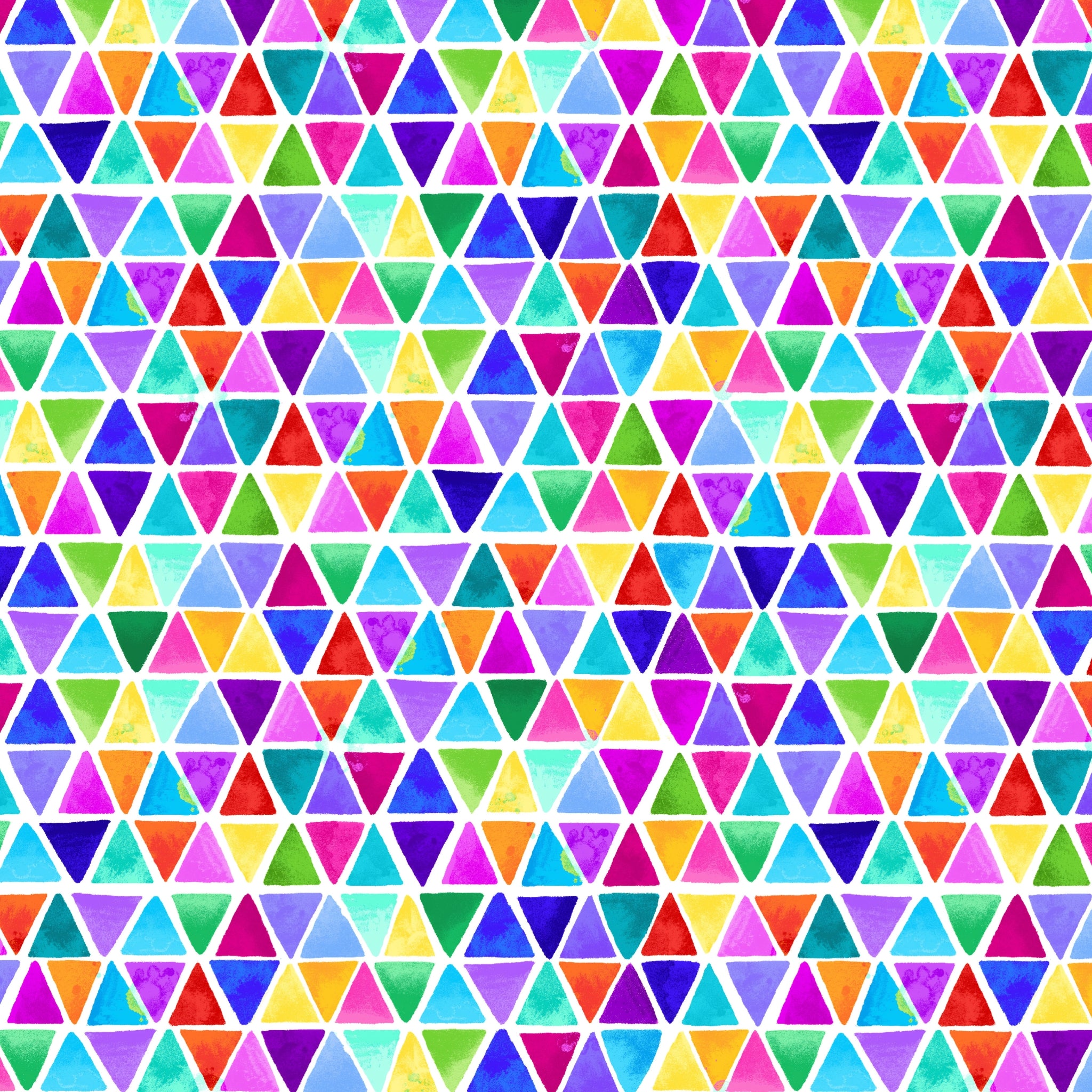 Watercolour rainbow triangle geometric blender red orange yellow green blue purple pink turquoise white background digital print fabric for children's quilts triangle blocks and bags