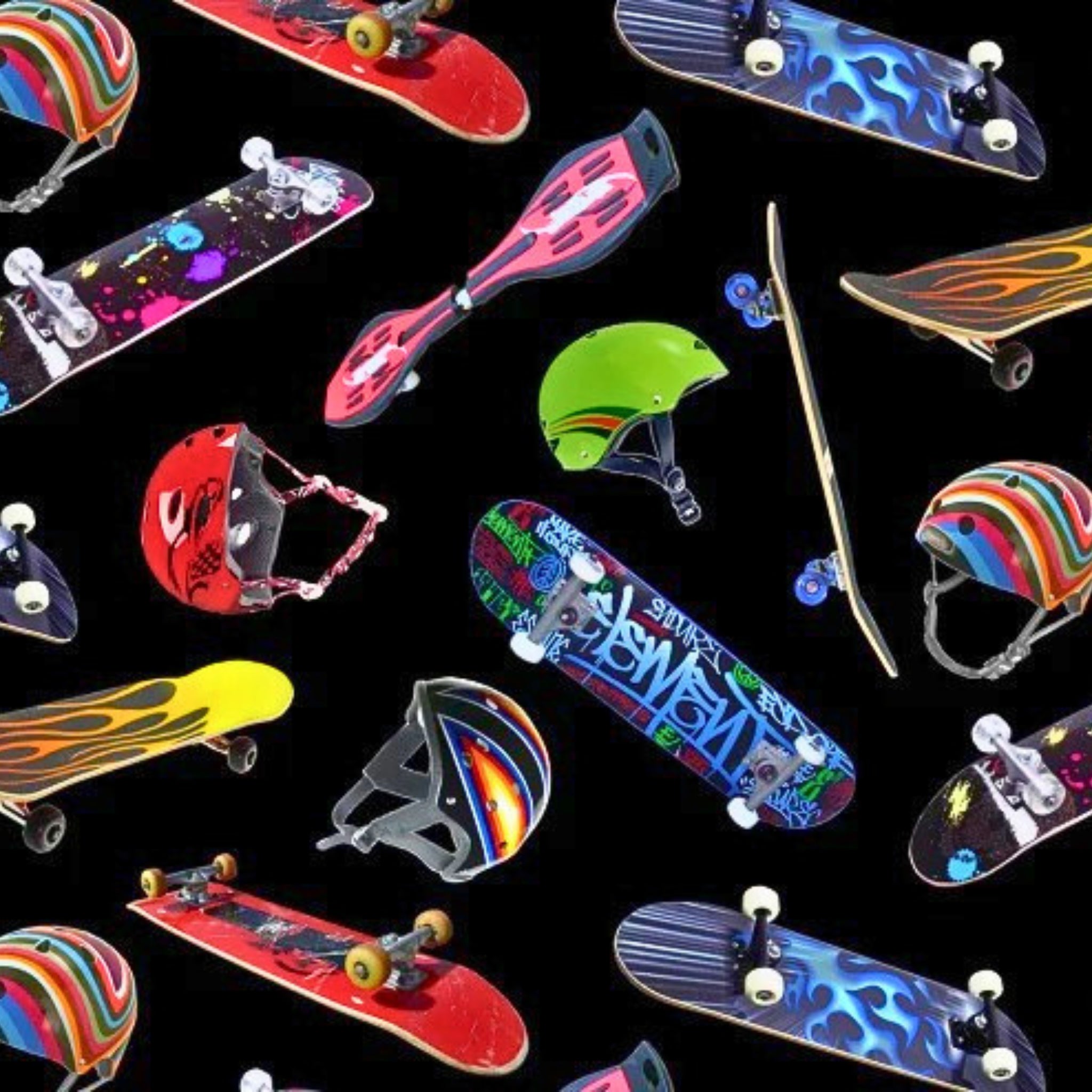 Tossed skateboards helmets scooters multicolour black cotton fabric for boys quilts kids novelty skater retro patchwork projects
