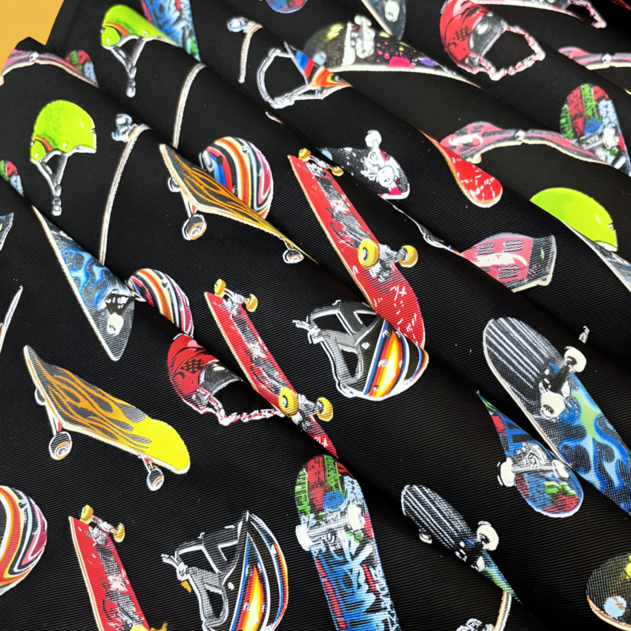 Tossed skateboards helmets scooters multicolour black cotton fabric for boys quilts kids novelty skater retro Y2K patchwork projects