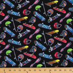 Tossed skateboards helmets scooters multicolour black cotton fabric for boys quilts kids novelty skater retro Y2K patchwork projects
