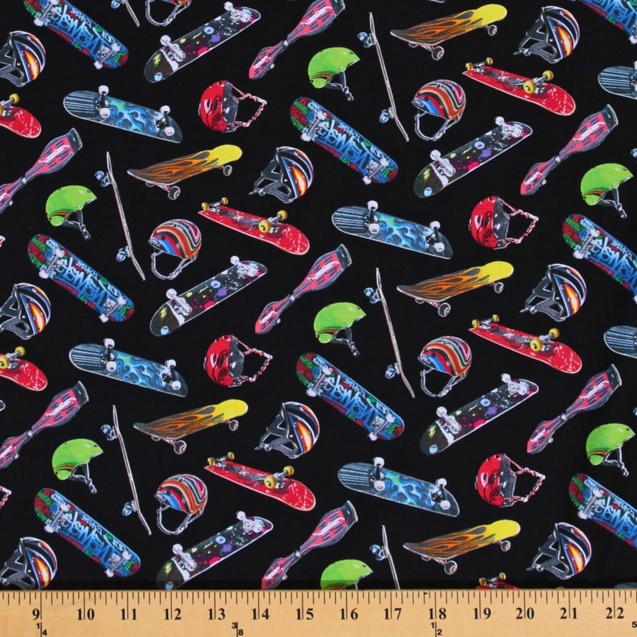 Tossed skateboards helmets scooters multicolour black cotton fabric for boys quilts kids novelty skater retro Y2K patchwork projects