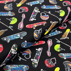 Tossed skateboards helmets scooters multicolour black cotton fabric for boys quilts kids novelty skater retro patchwork projects