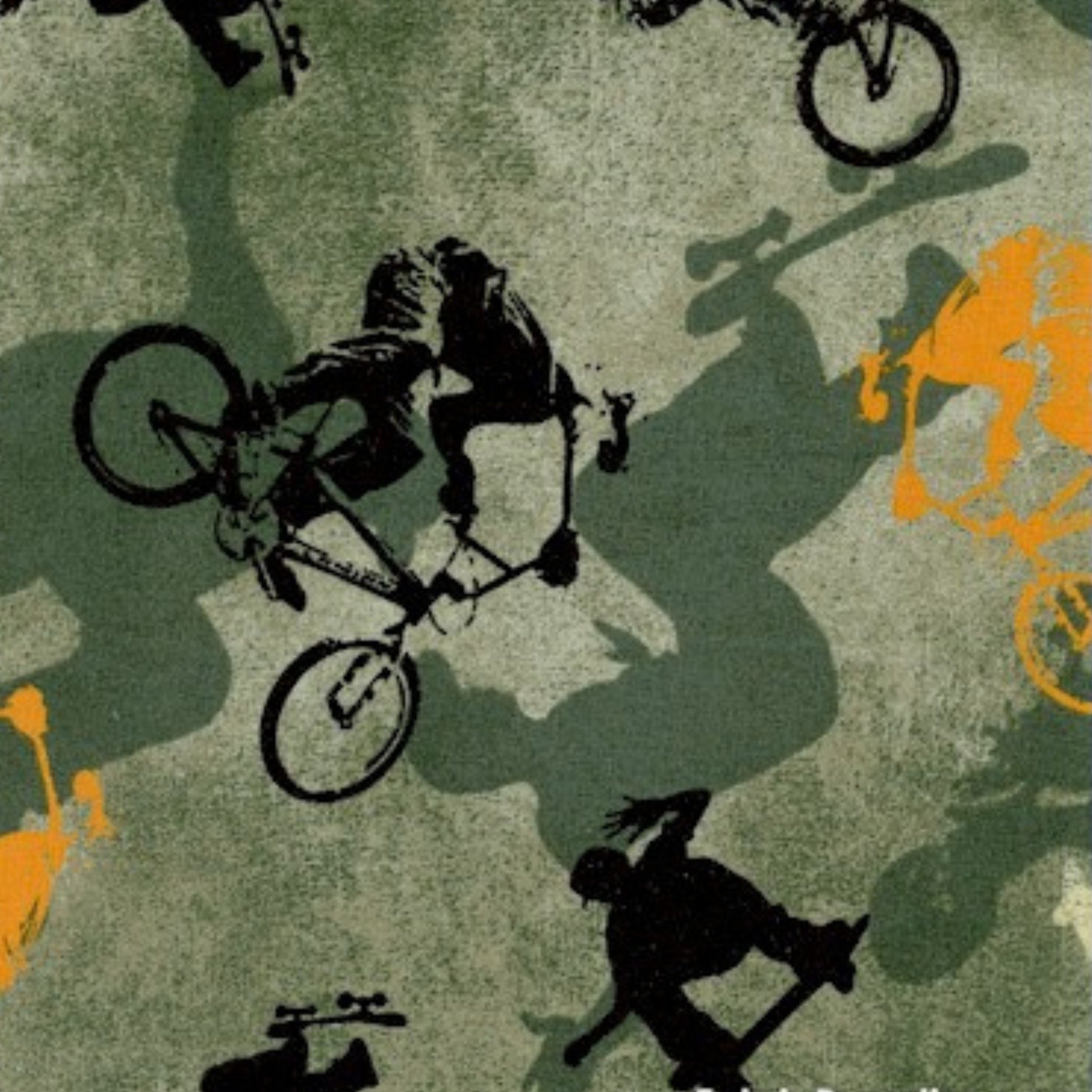 BMX bikers skateboarders black silhouettes khaki green orange camo cotton fabric for boys quilts kids novelty extreme sports projects