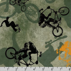 BMX bikers skateboarders black silhouettes khaki camo cotton fabric for boys quilts kids novelty extreme sports patchwork projects