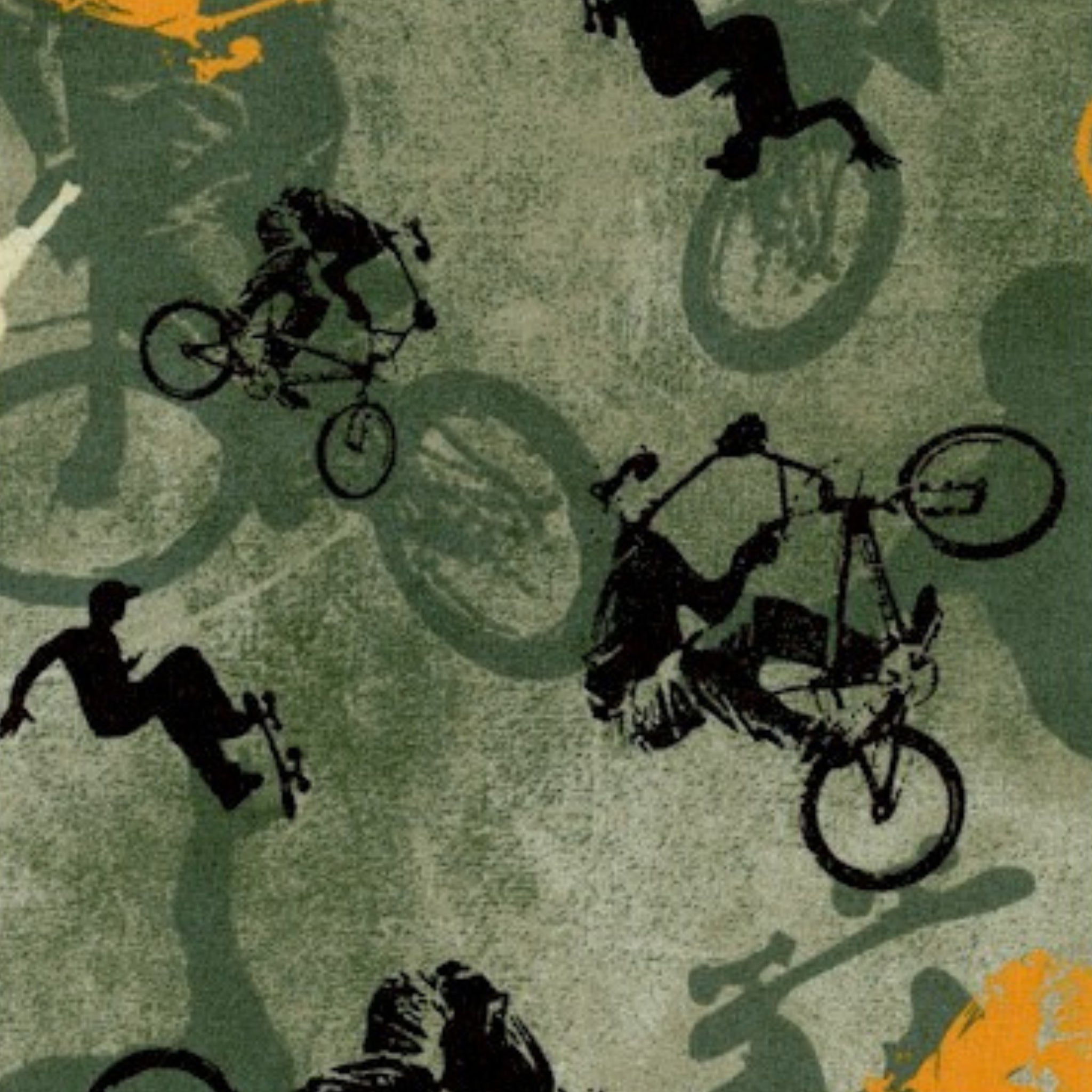 Tossed BMX riders skateboarders silhouettes khaki camo orange cotton fabric for boys quilts kids novelty extreme sports patchwork