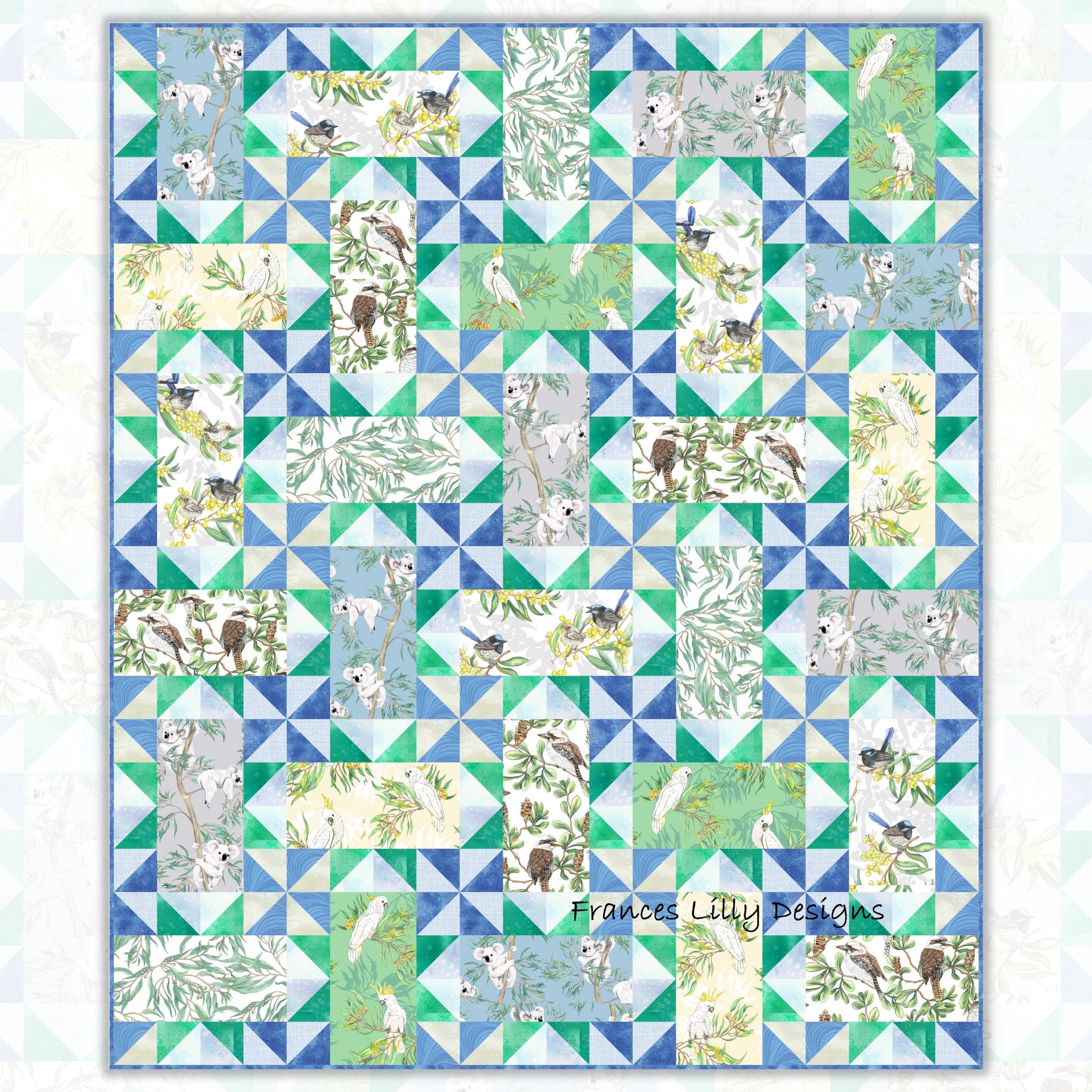 Spring Song quilt pattern pieced blocks floral rectangles blue green cream fabric for quilts and patchwork sewing projects