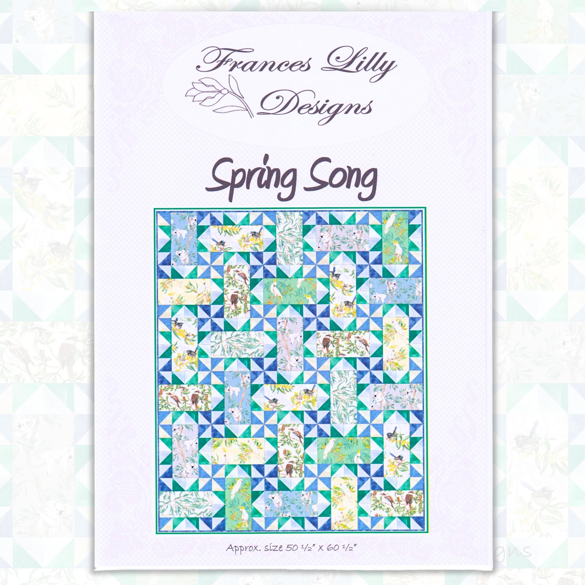 Spring Song quilt pattern pieced blocks floral rectangles blue green cream fabric for quilts and patchwork sewing projects