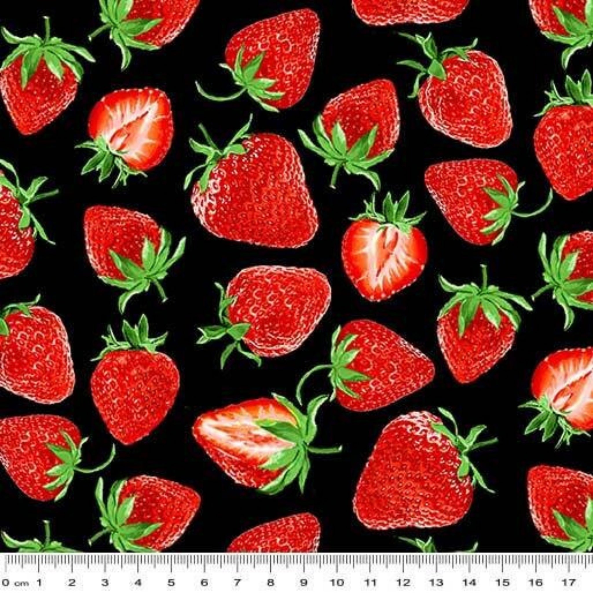 Red strawberries black fabric with green leaves for quilts, bags and patchwork sewing projects
