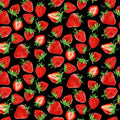 Red strawberries black fabric with green leaves for quilts, bags and patchwork sewing projects