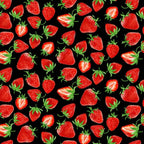 Red strawberries black fabric with green leaves for quilts, bags and patchwork sewing projects