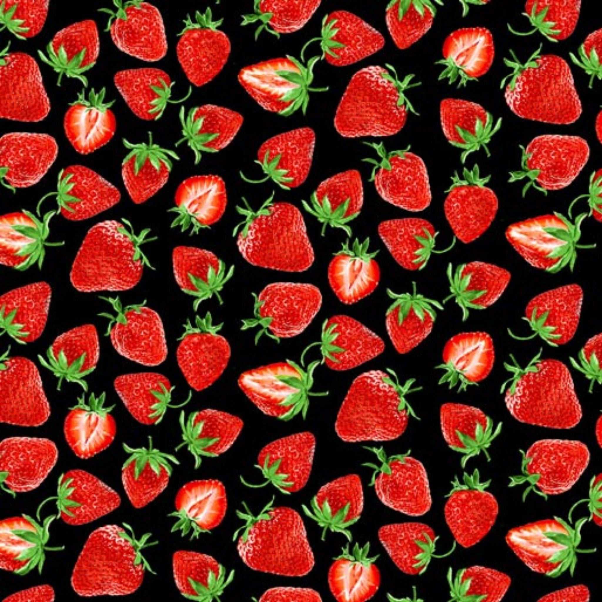 Red strawberries black fabric with green leaves for quilts, bags and patchwork sewing projects