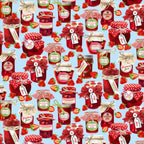 Strawberry jam jars blue fabric with ribbons fresh strawberries for quilts, kitchen projects and patchwork sewing